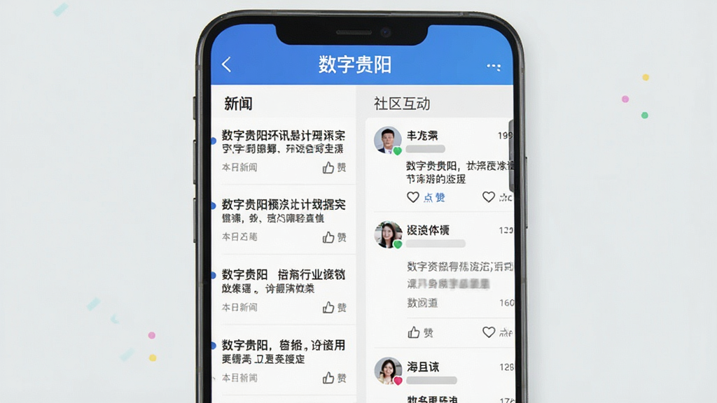 手机屏幕展示“数字贵阳”资讯与社区页面,界面左侧是新闻列表,右侧是社区互动板块,有用户头像、文字内容和点赞按钮,背景为浅灰色,顶部有“数字贵阳”蓝色标题栏,整体风格清爽,信息层级分明,画质干净,无多余装饰