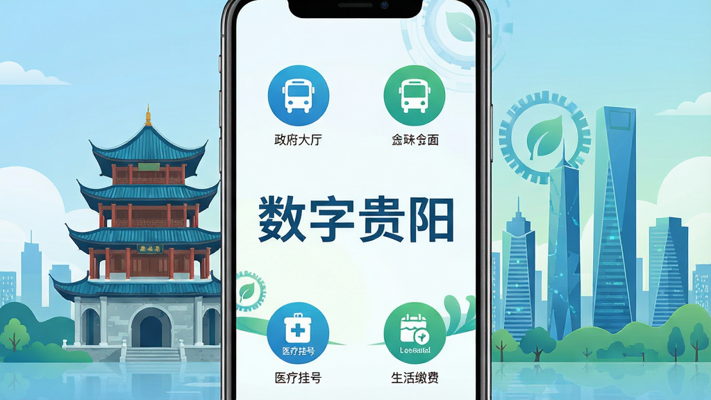 一部智能手机竖屏展示城市服务应用界面,屏幕中央清晰显示“数字贵阳”四个大字,周围环绕着政务大厅、公交地铁、医疗挂号、生活缴费等圆形功能图标,背景是贵阳甲秀楼与现代化城市天际线融合的插画风格,主色调为科技蓝与生态绿,画面干净整洁,布局对称居中,细节精致,画质高清,无多余元素
