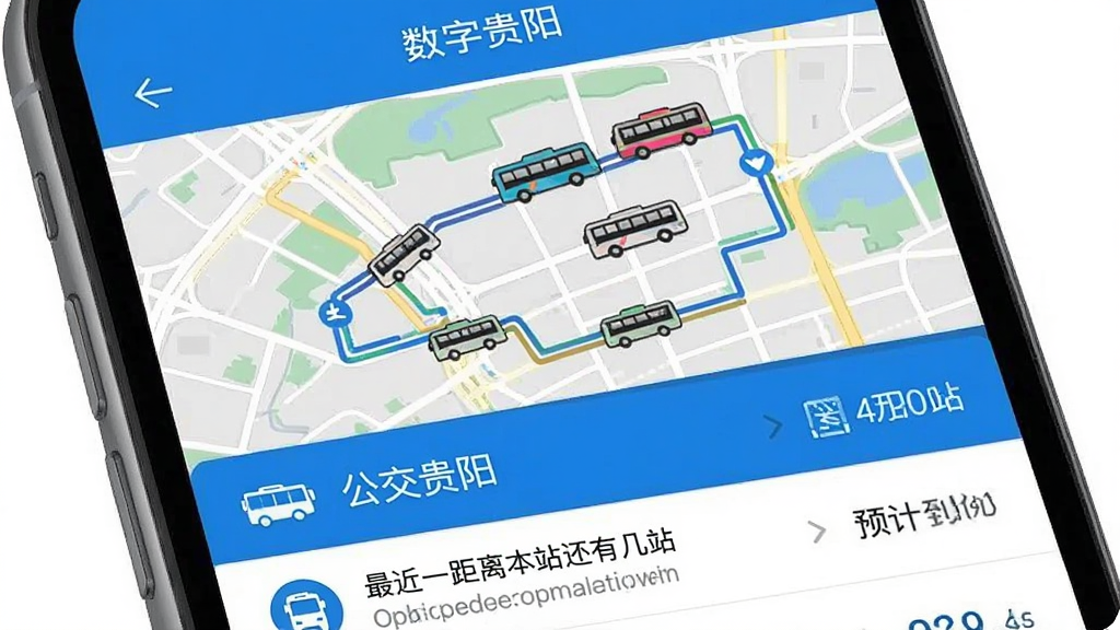 手机界面显示“数字贵阳”实时公交页面,屏幕上半部分是一张城市道路地图,上面有移动的公交车图标和线路轨迹,下半部分列出公交线路名称、最近一班车距离本站还有几站、预计到达时间,界面配色以蓝白为主,图标清晰,布局合理,画质高清,风格写实简洁