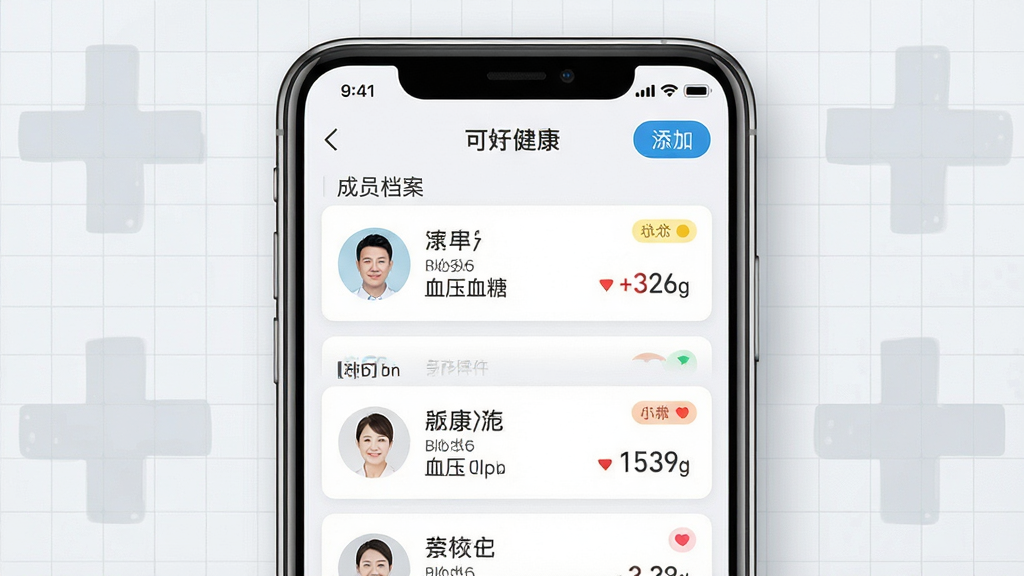 可孚健康健康档案管理界面展示,画面中央是手机屏幕特写,显示可孚健康APP的成员档案卡片列表,每张卡片上有头像、姓名和血压血糖数值,背景为浅灰色医疗网格,布局为居中特写,风格为简洁UI展示图,细节包括卡片上的彩色状态标签和右上角的添加成员按钮,画质高清,干净,无多余元素