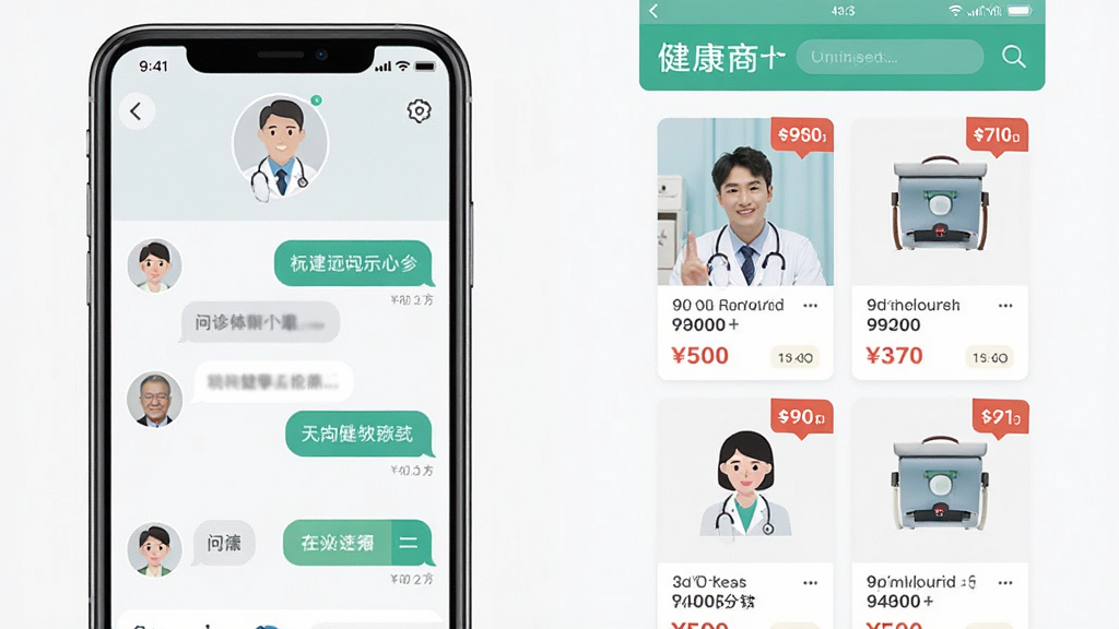 可孚健康在线问诊与购药功能展示,画面分为左右两部分,左侧是手机屏幕显示医生视频问诊界面,右侧是健康商城商品列表页面,布局为左右分屏,风格为现代扁平化设计,细节包括医生头像、问诊对话框和商品卡片上的价格标签,画质清晰,干净,无多余元素