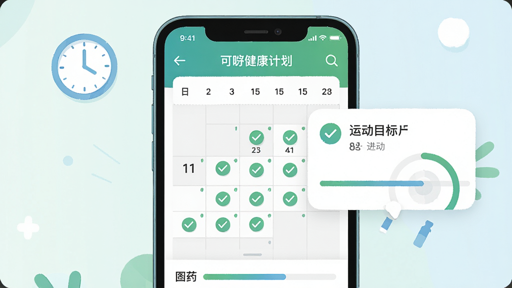 可孚健康健康计划与提醒功能界面,画面中央是手机屏幕显示日历打卡页面,日期格子上有绿色的对勾标记,旁边有用药提醒弹窗和运动目标进度环,布局为居中构图,风格为清新扁平化插画,色调以绿色和蓝色为主,细节包括时钟图标和进度条,画质高清,干净,无多余元素