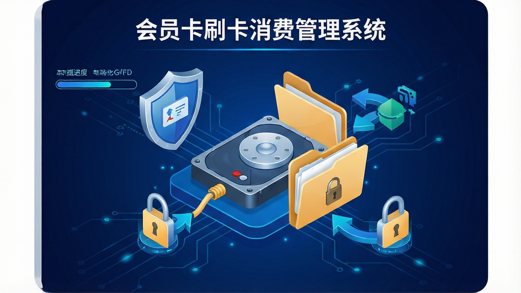 一张展示会员卡刷卡消费管理系统数据安全与本地化存储功能的示意图,画面中央为电脑硬盘与文件夹图标,周围环绕盾牌、锁、备份箭头等安全元素,背景为深蓝色科技风格,细节包含“会员卡刷卡消费管理系统”文字标识、数据备份进度条、加密锁图标,画质高清,画面干净无多余元素