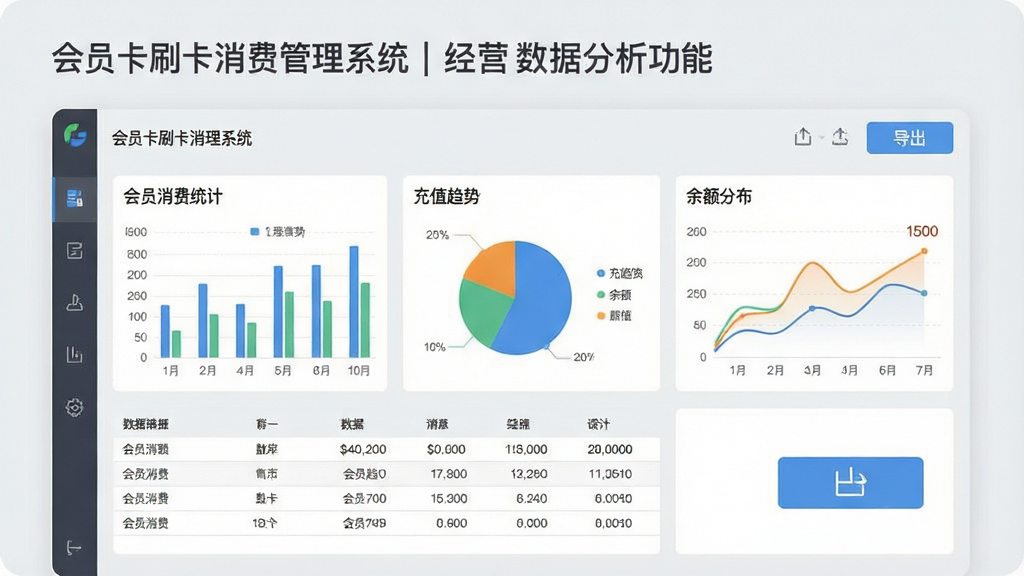 一张展示会员卡刷卡消费管理系统消费报表与经营数据分析功能的示意图,画面中央为数据看板,包含柱状图、饼图、折线图等统计图表,图表标题标注“会员消费统计”“充值趋势”“余额分布”,背景为浅灰色商务风格,细节包含“会员卡刷卡消费管理系统”字样、数据表格、导出按钮图标,画质高清,画面干净整洁无多余元素