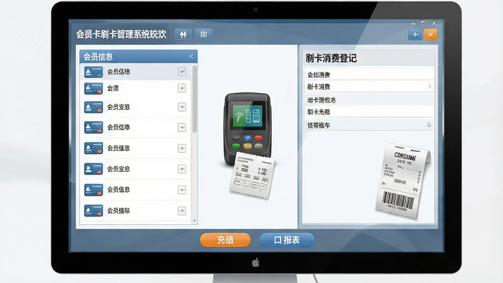 一张展示会员卡刷卡消费管理系统软件界面的电脑屏幕截图,画面中央是软件主操作界面,左侧为会员信息列表,右侧为刷卡消费登记区域,底部显示充值按钮与报表入口,整体布局清晰规整,风格为简洁商务风,细节包含会员卡图标、刷卡器设备、消费小票等元素,画质高清锐利,画面干净无多余元素,适合作为软件下载站预览图