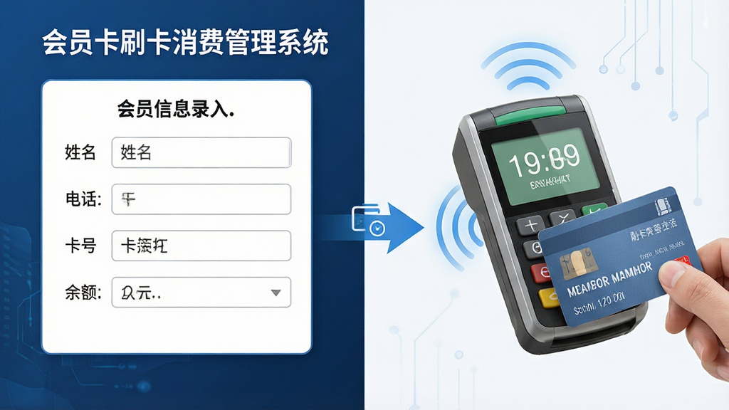 一张展示会员卡刷卡消费管理系统会员建档与刷卡消费一体化功能的示意图,画面左侧为会员信息录入表单,包含姓名、电话、卡号、余额等字段,右侧为刷卡器设备与会员卡特写,中间用箭头连接表示数据流转,整体布局左右分栏,风格为简洁商务科技风,细节包含“会员卡刷卡消费管理系统”文字标识、刷卡感应波纹、数据同步图标,画质高清,画面干净无多余元素