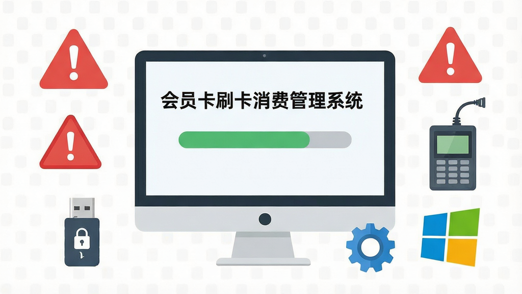 一张展示会员卡刷卡消费管理系统新手安装与避坑指南的示意图,画面中央为电脑屏幕显示安装进度条,周围环绕警告图标、备份U盘、刷卡器设备、Windows系统标志等元素,风格为扁平化插画风,细节包含“会员卡刷卡消费管理系统”文字标识、红色警告三角、蓝色优化齿轮,画质高清,画面干净无多余元素