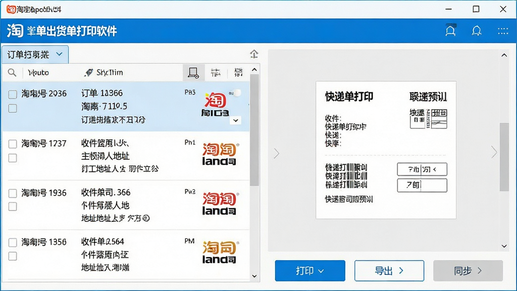 一张展示淘宝快递单出货单打印软件主界面的图片,画面中央是软件操作窗口,左侧为订单列表区域显示多条淘宝订单信息,右侧为快递单打印预览区域,底部有打印、导出、同步等操作按钮,整体布局清晰整洁,采用蓝色与白色为主的商务风格,界面细节包括订单编号、收件人地址、快递公司logo等元素,画质清晰,干净,无多余元素