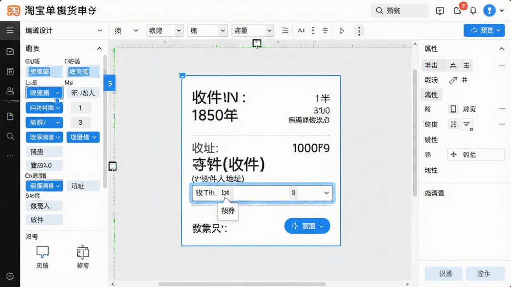 一张展示淘宝快递单出货单打印软件模板编辑功能的图片,画面中软件界面处于模板设计模式,中央为快递单模板编辑区域,四周有字段拖拽面板和属性设置栏,用户正在调整收件人地址的字体大小,界面采用浅色背景配合蓝色高亮选中框,细节包括字段标签、对齐工具、预览按钮等,画质清晰,干净,无多余元素