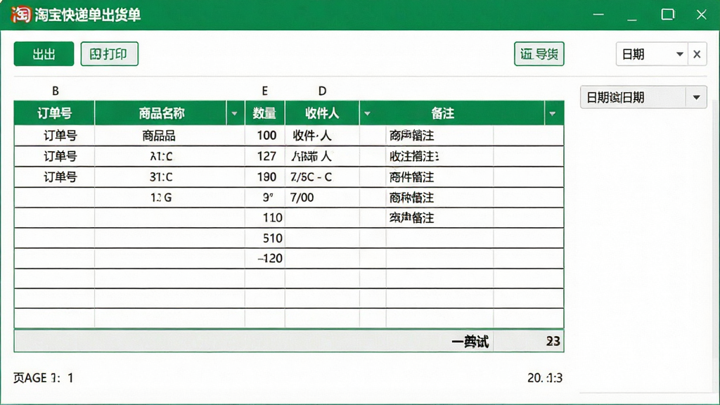 一张展示淘宝快递单出货单打印软件出货单管理界面的图片,画面中软件界面显示一张完整的出货单表格,包含订单号、商品名称、数量、收件人、备注等列,顶部有导出和打印按钮,右侧有日期筛选器,整体采用白色背景搭配绿色表头的清爽风格,细节包括表格边框、合计行、页码等,画质清晰,干净,无多余元素