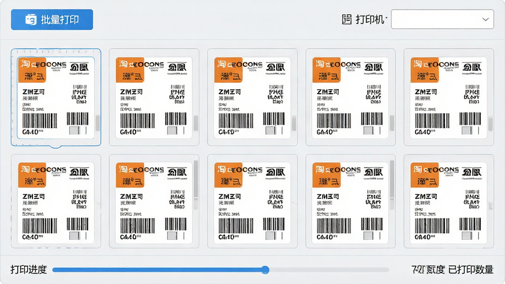 一张展示淘宝快递单出货单打印软件批量打印功能的图片,画面中软件界面显示多张快递面单缩略图排列整齐,顶部有批量打印按钮和打印机选择下拉框,底部显示打印进度和已打印数量,整体采用浅灰色与蓝色搭配的简约风格,细节包括快递公司标识、面单条码、打印份数等,画质清晰,干净,无多余元素