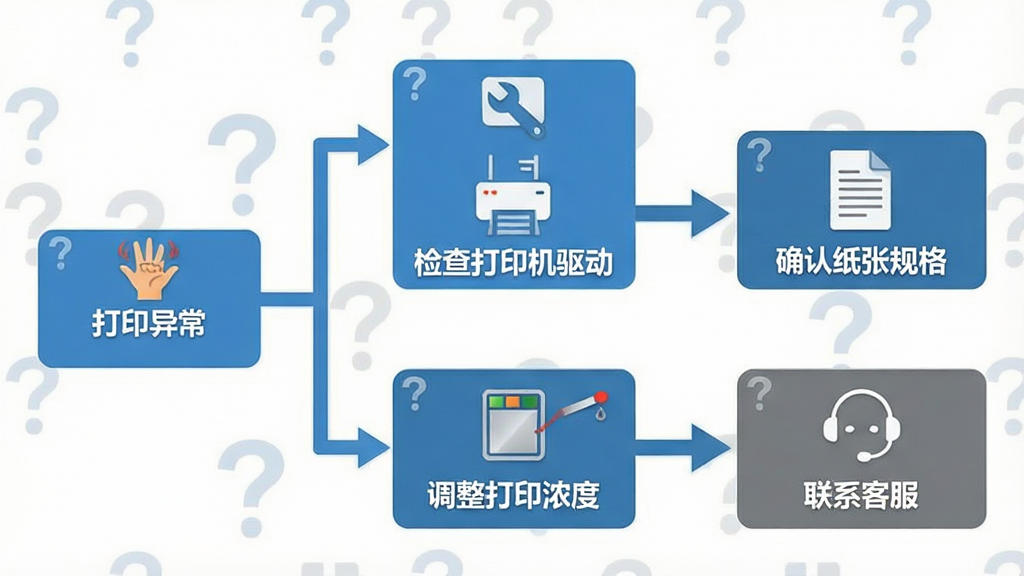 一张展示淘宝快递单出货单打印软件常见问题解决流程的图片,画面采用流程图形式,从“打印异常”开始分支到“检查打印机驱动”、“确认纸张规格”、“调整打印浓度”、“联系客服”等步骤,每个步骤配有简洁图标,整体风格为扁平化信息图,主色调为蓝色和灰色,细节包括箭头连接、问号图标、扳手图标等,画质清晰,干净,无多余元素