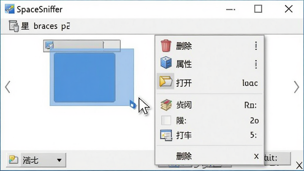 一张展示SpaceSniffer右键菜单的图片,主体是软件界面中一个被选中的矩形块和弹出的右键菜单,布局为菜单显示在鼠标指针旁,排版上菜单项包括“删除”、“属性”、“打开”等,风格为Windows原生菜单风格,细节包括菜单项有对应图标,画质清晰,干净,无多余元素