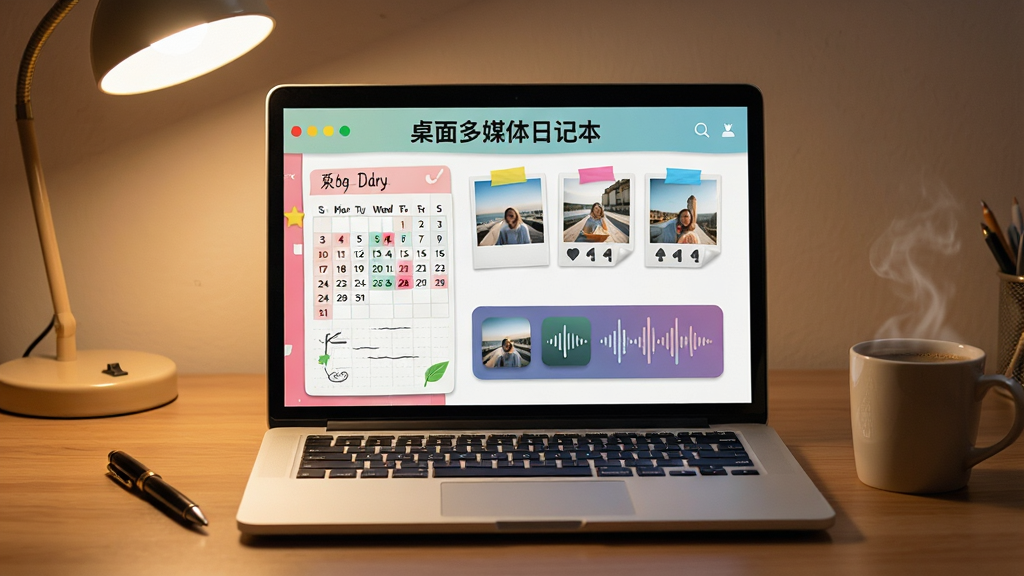 一台打开的笔记本电脑屏幕上显示着色彩丰富的日记界面,界面中有日历、照片缩略图和音频波形图标,旁边放着一支笔和一杯咖啡,整体布局为居中构图,风格为温馨写实,细节包括木纹桌面、柔和台灯光线、屏幕反光自然,画质高清,干净,无多余元素,画面中显示文字“桌面多媒体日记本”