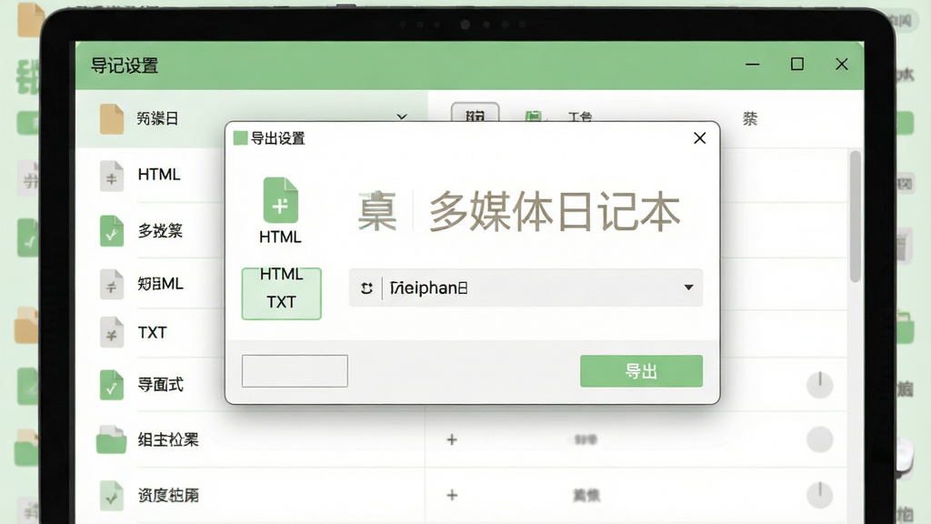 一个电脑屏幕显示着导出设置窗口,窗口中列出了HTML和TXT两种格式选项,背景是日记列表,界面配色为浅绿与白色,布局为居中对话框,风格为清新简洁,细节包括文件图标、路径选择框、导出按钮高亮,画质高清,干净,无多余元素,画面中显示文字“桌面多媒体日记本”