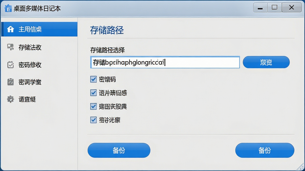一个电脑屏幕显示着软件设置界面,其中有存储路径选择、密码修改、备份按钮等选项,界面配色为浅灰色与蓝色,布局为左侧菜单右侧内容,风格为实用工具风,细节包括路径输入框、浏览按钮、勾选框,画质高清,干净,无多余元素,画面中显示文字“桌面多媒体日记本”