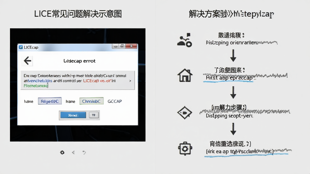 LICEcap软件常见问题解决示意图,画面左侧展示错误提示窗口,右侧展示解决方案步骤,背景为浅灰色,风格简洁商务,画质清晰,无多余元素