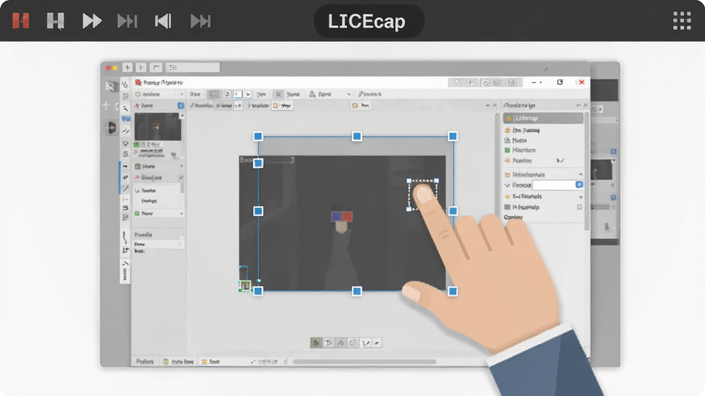 LICEcap软件操作演示图,画面展示一个用户正在拖动透明框选区域,框内是软件操作界面,框外有录制控制条,画面风格扁平化,色彩以白色和灰色为主,突出简洁易用的特点,画质清晰,无多余元素