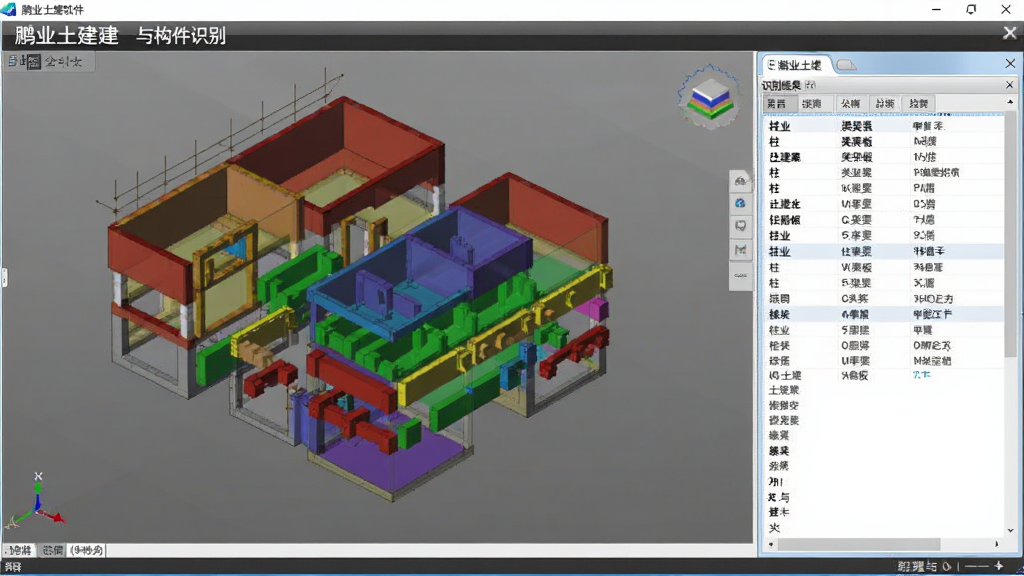 鹏业土建软件中BIM模型导入与构件识别的界面截图,画面显示三维建筑模型被自动分解为不同颜色的构件,旁边弹出识别结果列表,包含柱、梁、板等分类,界面带有“鹏业土建”字样标识,风格写实,画质清晰,布局规整