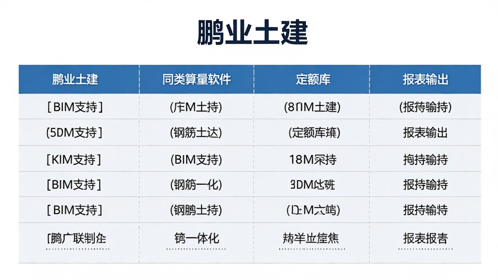鹏业土建与同类算量软件功能对比示意图,画面以表格形式展示鹏业土建、广联达、鲁班等软件在BIM支持、钢筋一体化、定额库、报表输出等方面的对比,界面简洁商务,带有“鹏业土建”文字标识,高清画质,排版整齐