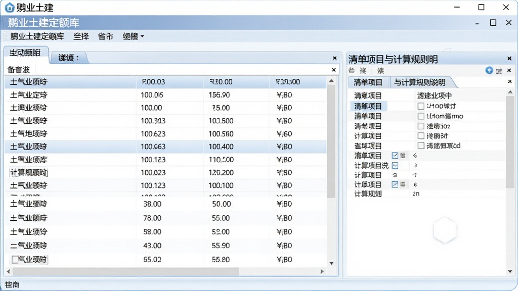 鹏业土建定额库选择界面图,画面展示软件内嵌的各省市定额列表,用户正在选择某地区定额,旁边显示清单项目与计算规则说明,界面布局清晰,色调柔和,带有“鹏业土建”文字标识,画质干净