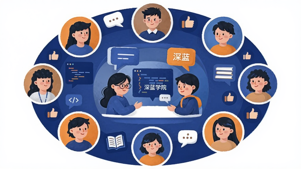 一幅展示深蓝学院学习社区互动场景的AI生图,主体为多个用户头像围绕一个中心讨论区,布局采用圆形环绕式排版,风格为友好社交插画,细节包括对话气泡、点赞图标、代码片段、书本图标、深蓝色与橙色点缀,画面中文字标注