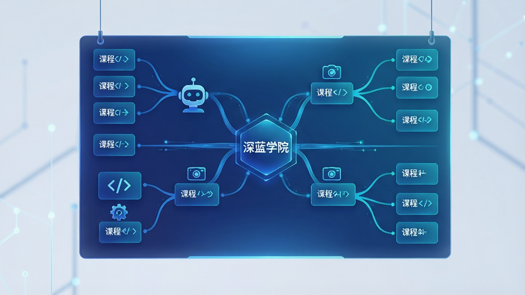 一幅展示深蓝学院课程体系结构的AI生图,主体为一块悬浮的半透明知识面板,布局采用树状分支结构,排版从中心向外延展,风格为科技感信息图,细节包括深蓝色与青色渐变、多个课程模块卡片、连接线、图标如机器人、代码符号、摄像头、齿轮,画面中文字标注