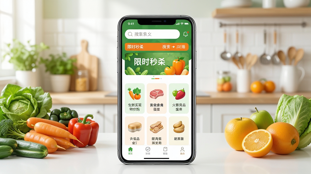生鲜买菜特价购应用主界面展示,画面中央是一部智能手机,屏幕上显示生鲜买菜特价购APP首页,包含蔬菜水果肉禽蛋品等分类图标,顶部有搜索框和限时秒杀横幅,背景是清新明亮的厨房场景,桌面上摆放着新鲜蔬菜和水果,整体色调以绿色和橙色为主,风格简洁现代,细节丰富,画质清晰干净,无多余元素