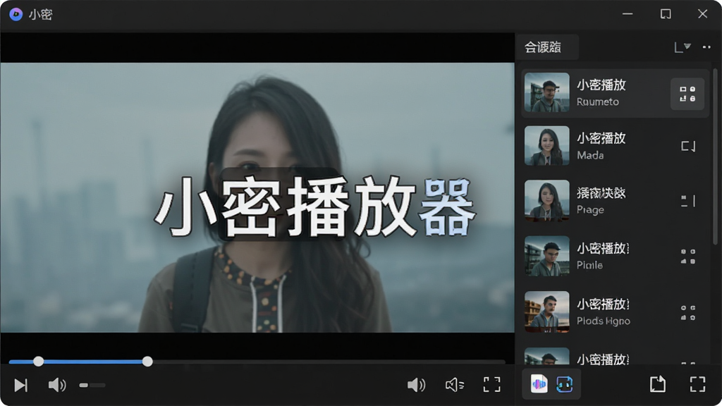 主体是小密播放器软件主界面,布局为中央视频播放窗口与右侧播放列表,排版采用深色主题,风格简洁现代,细节包含进度条、音量控制、全屏按钮与格式图标,画面中打文字“小密播放器”,画质清晰,干净,无多余元素