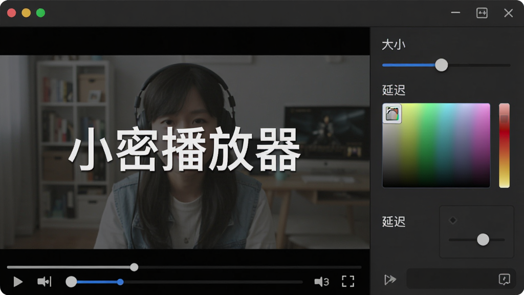 主体是小密播放器字幕设置面板与视频画面,布局为左侧视频右侧设置项,排版整齐,风格实用工具风,细节包含字幕大小滑块、颜色选择器、延迟调整框,画面中打文字“小密播放器”,画质清晰,干净,无多余元素