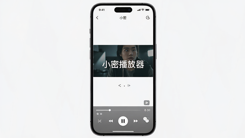 主体是手机屏幕显示小密播放器移动端界面,布局为竖屏视频播放与底部控制栏,排版简洁,风格移动应用风,细节包含进度条、播放暂停按钮、字幕开关,画面中打文字“小密播放器”,画质清晰,干净,无多余元素