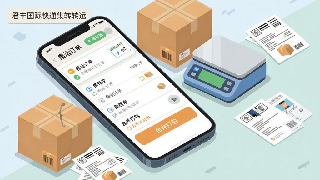君丰国际快递集运转运功能界面展示,画面中一部智能手机显示集运订单列表与合并打包选项,周围环绕包裹箱、电子秤、快递单等元素,主体为手机与包裹,布局采用对角线构图,排版层次分明,风格为扁平化插画风,细节包含“君丰国际快递集运转运”文字标签,画质清晰,干净,无多余元素