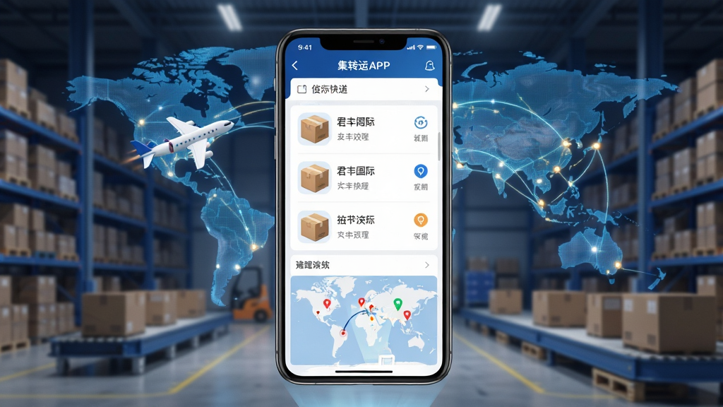 君丰国际快递集运转运APP主界面展示,画面中央是手机屏幕,屏幕内显示包裹列表与物流追踪地图,背景为现代物流仓库与全球航线网络,主体突出手机与软件界面,布局采用居中构图,排版简洁大气,风格为科技商务风,细节包含包裹图标、飞机、地球元素,画质高清,干净,无多余元素
