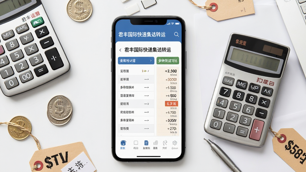 君丰国际快递集运转运运费估算界面,画面中手机屏幕显示运费计算表格与多种渠道对比,周围有计算器、硬币、价格标签等元素,主体为手机与计算器,布局采用左右分栏构图,排版简洁,风格为商务简约风,细节包含“君丰国际快递集运转运”字样,画质清晰,干净,无多余元素