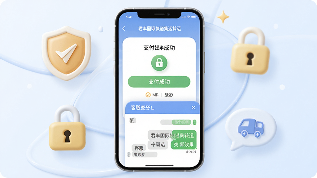 君丰国际快递集运转运支付与客服界面,画面中手机屏幕显示支付成功页面与客服对话窗口,周围有盾牌、锁、对话气泡等元素,主体为手机与安全图标,布局采用上下结构,风格为柔和圆角风,细节包含“君丰国际快递集运转运”文字,画质清晰,干净,无多余元素