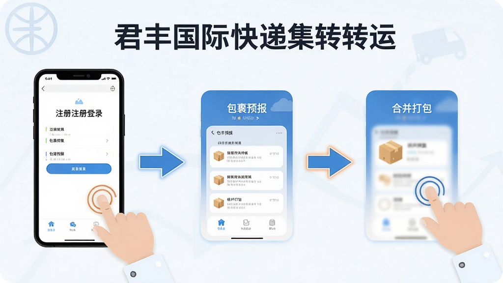 君丰国际快递集运转运使用教程示意图,画面中一部手机展示注册登录、包裹预报、合并打包三个步骤的界面截图,旁边有手指点击图标与箭头引导,主体为手机与操作步骤,布局采用横向流程图排版,风格为扁平化教程风,细节包含“君丰国际快递集运转运”文字,画质高清,干净,无多余元素