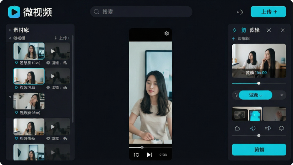 一张软件界面全景展示图,画面中央是微视频主窗口,左侧为视频素材库列表,中间为竖向短视频预览播放区,右侧为滤镜与剪辑工具栏,顶部有搜索框和上传按钮,整体采用深色主题搭配青蓝色高亮按钮,界面干净整洁,文字标注“微视频”Logo在左上角,风格为现代扁平化UI设计,画质清晰,无多余元素