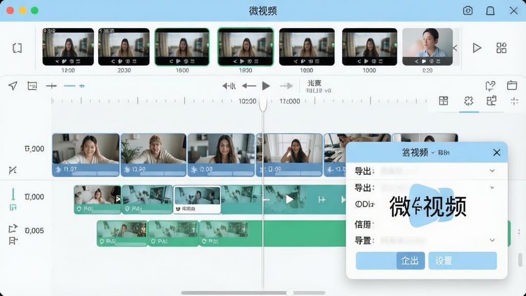 一张微视频编辑与导出界面的功能展示图,画面中显示时间轴上有多个视频片段,上方有滤镜缩略图,右下角有导出设置弹窗,标注“微视频”软件名称,整体配色为浅蓝与白色,风格清爽简约,画质细腻无噪点