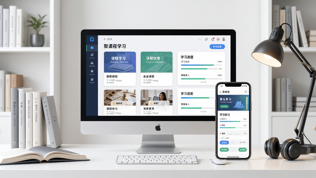 聚业教育软件主界面全景展示,画面中央为电脑屏幕与手机屏幕并排显示课程学习页面,背景为简洁明亮的书房环境,布局采用左右对称构图,排版清晰展示课程卡片与学习进度条,风格为现代科技教育风,细节包含书本、台灯、耳机等学习元素,画质高清,画面干净,无多余元素