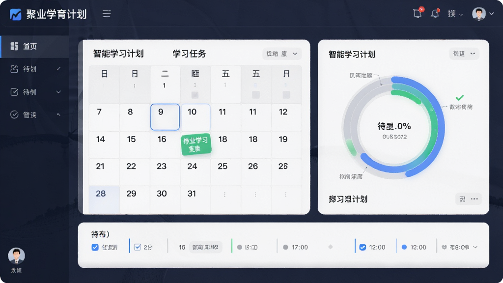 聚业教育智能学习计划界面,画面中央为日历式学习任务面板与进度环形图,布局采用上下结构,风格为简约商务风,细节包含待办勾选与时间轴,画质高清,无多余元素