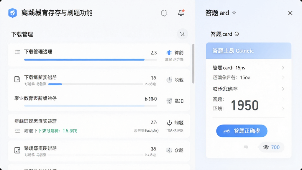 聚业教育离线缓存与刷题功能界面,画面主体为下载管理列表与答题卡面板,布局采用左右分栏,风格为清爽浅色,细节展示下载进度与答题正确率,画质高清,无杂乱元素