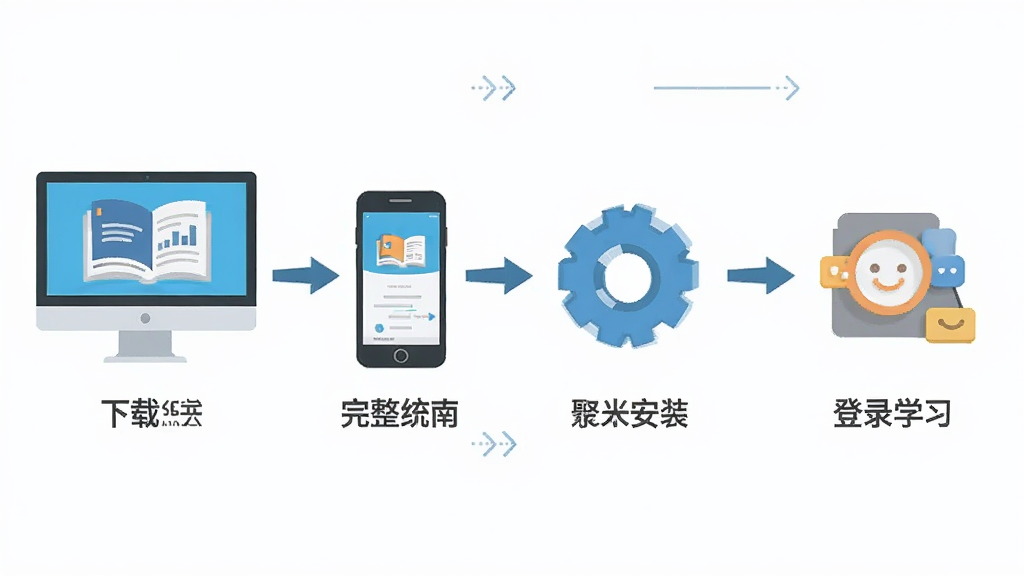 聚业教育使用指南操作流程图,画面展示从下载安装到登录学习的完整步骤,布局为横向流程图排版,风格为扁平化图标风,细节包含电脑、手机、账号、齿轮等图标,画质高清,干净整洁