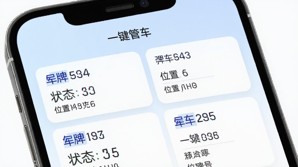 多车管理列表界面,手机屏幕显示车辆卡片列表,每张卡片包含车牌号、状态、位置等信息,屏幕顶部有“一键管车”标题;背景为淡蓝色渐变,风格清新简约,排版整齐,细节清晰,画质高清,干净无多余元素