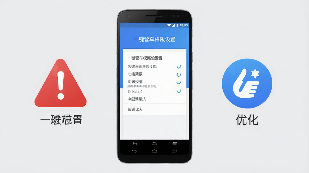 移动端使用攻略示意图,画面展示一部安卓手机,屏幕显示一键管车权限设置界面,旁边有红色警示图标和蓝色优化图标;背景为浅灰色,风格简洁明了,排版清晰,细节丰富,画质高清,无多余元素