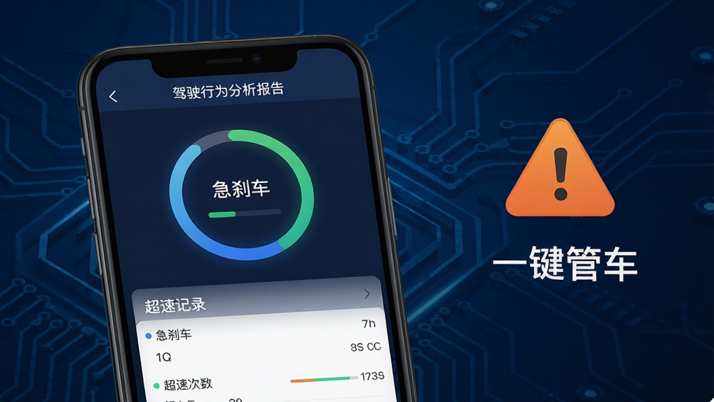 驾驶行为分析报告界面,手机屏幕显示评分圆环、急刹车次数、超速记录等图表,屏幕旁边有安全预警图标和“一键管车”字样;背景为深蓝色科技纹理,风格专业严谨,排版整齐,细节清晰,画质高清,干净无多余元素