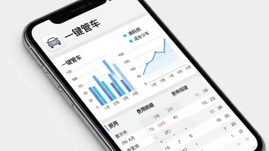油耗统计与成本分析界面,手机屏幕展示柱状图、折线图、费用明细列表,屏幕上方有“一键管车”应用名称;背景为白色与浅灰色搭配,风格简洁商务,排版清晰,细节精致,画质高清,无多余元素