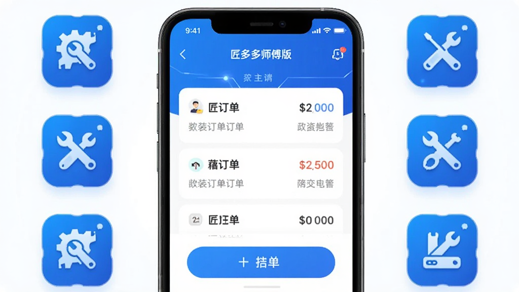 手机屏幕展示匠多多师傅版应用主界面,画面中央是订单列表和抢单按钮,周围环绕安装工具图标,蓝色科技风格,布局清晰,排版简洁,细节精致,高清画质,干净无多余元素