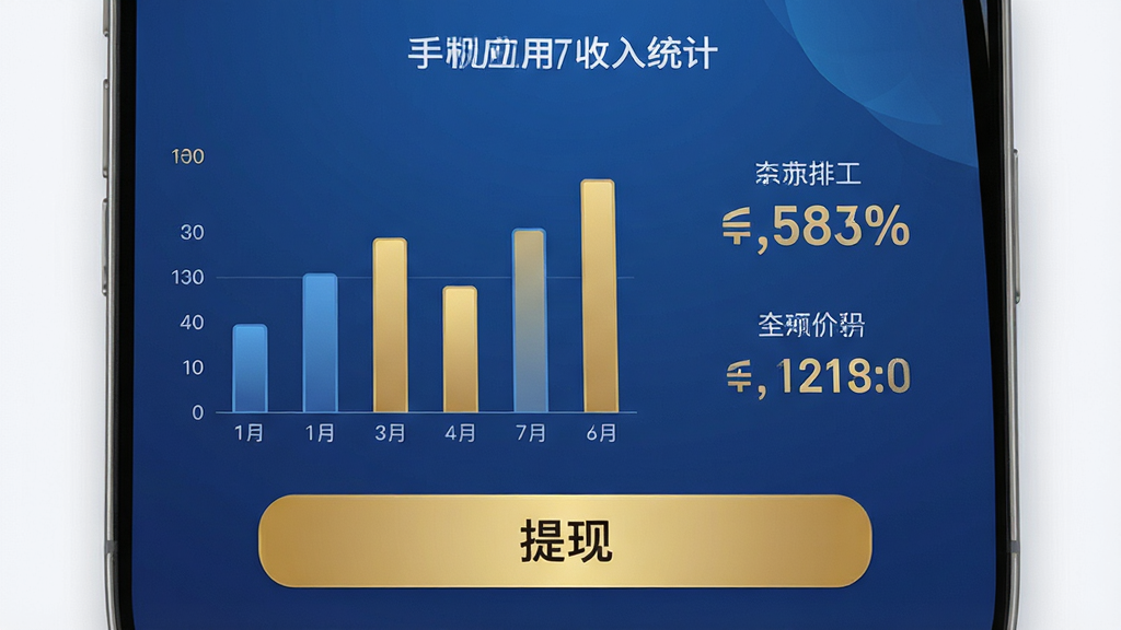 手机应用收入统计页面,柱状图和数字金额清晰展示,下方有提现按钮,金色和蓝色搭配,布局规整,排版清晰,细节精致,高清画质,干净无多余元素
