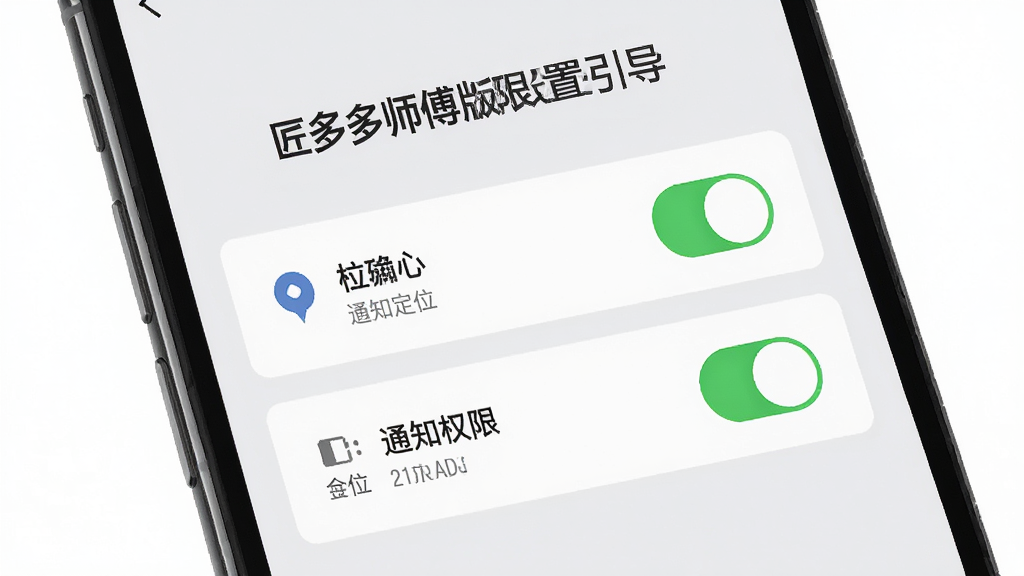 手机屏幕展示匠多多师傅版权限设置引导页面,定位和通知权限开关醒目,背景浅灰,布局清晰,排版简洁,细节精致,高清画质,干净无多余元素