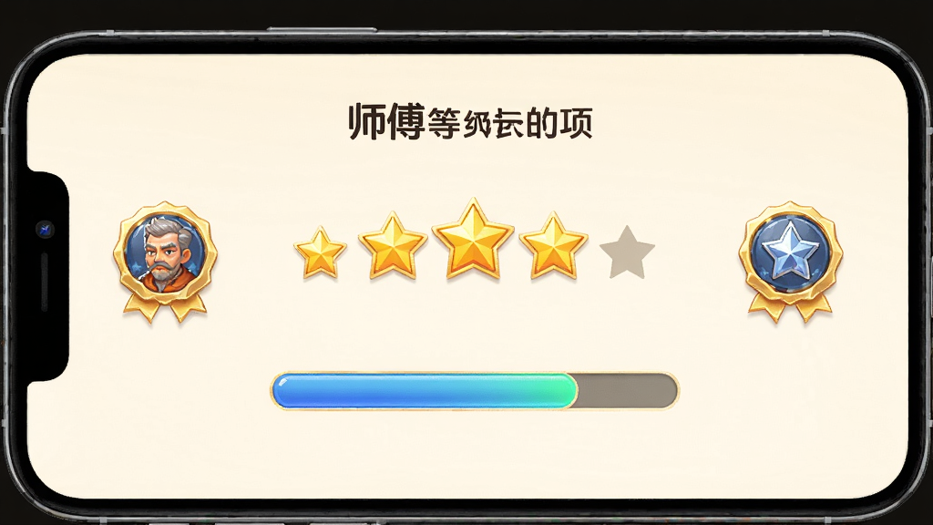 手机屏幕显示师傅等级成长页面,星级评分和进度条醒目,配有徽章图标,背景浅色,布局居中,排版对称,细节精美,高清画质,干净无多余元素